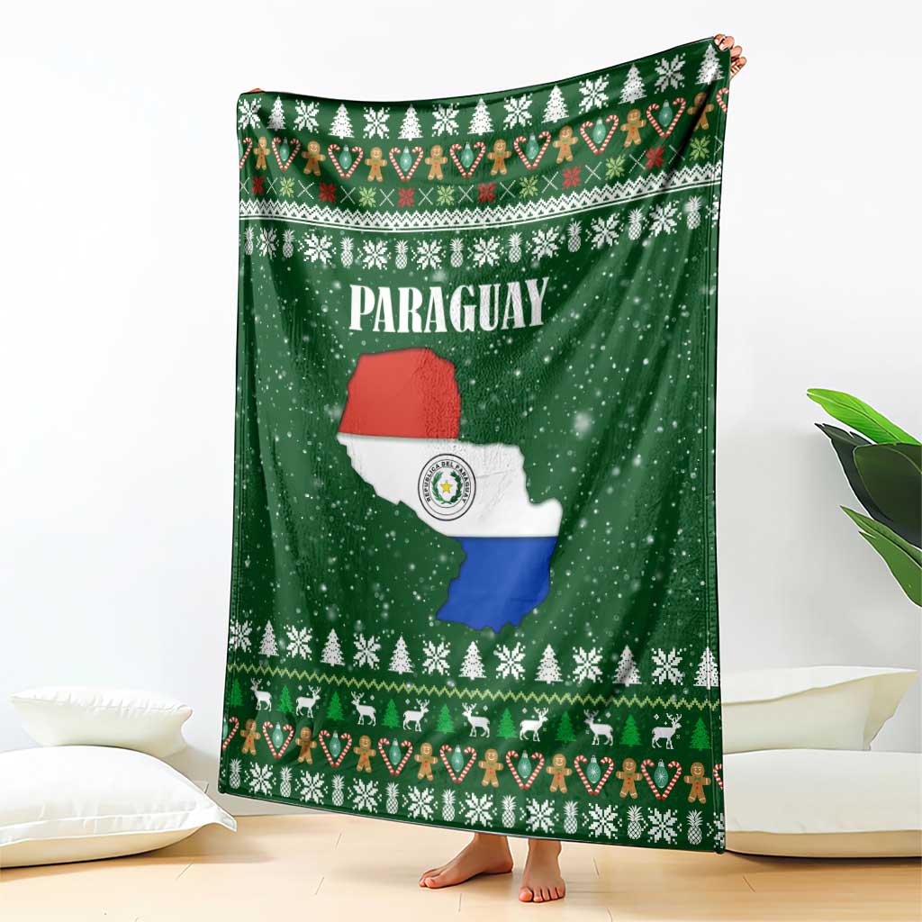 Paraguay Christmas Blanket with Green Festive Pattern, Map and Flag Motif, and Santa Illustration - Wonder Print Shop