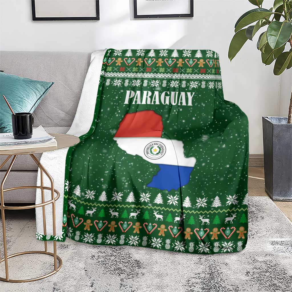 Paraguay Christmas Blanket with Green Festive Pattern, Map and Flag Motif, and Santa Illustration - Wonder Print Shop