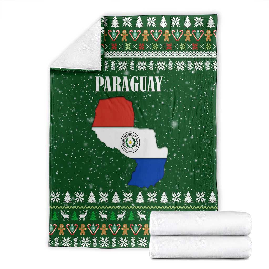 Paraguay Christmas Blanket with Green Festive Pattern, Map and Flag Motif, and Santa Illustration - Wonder Print Shop