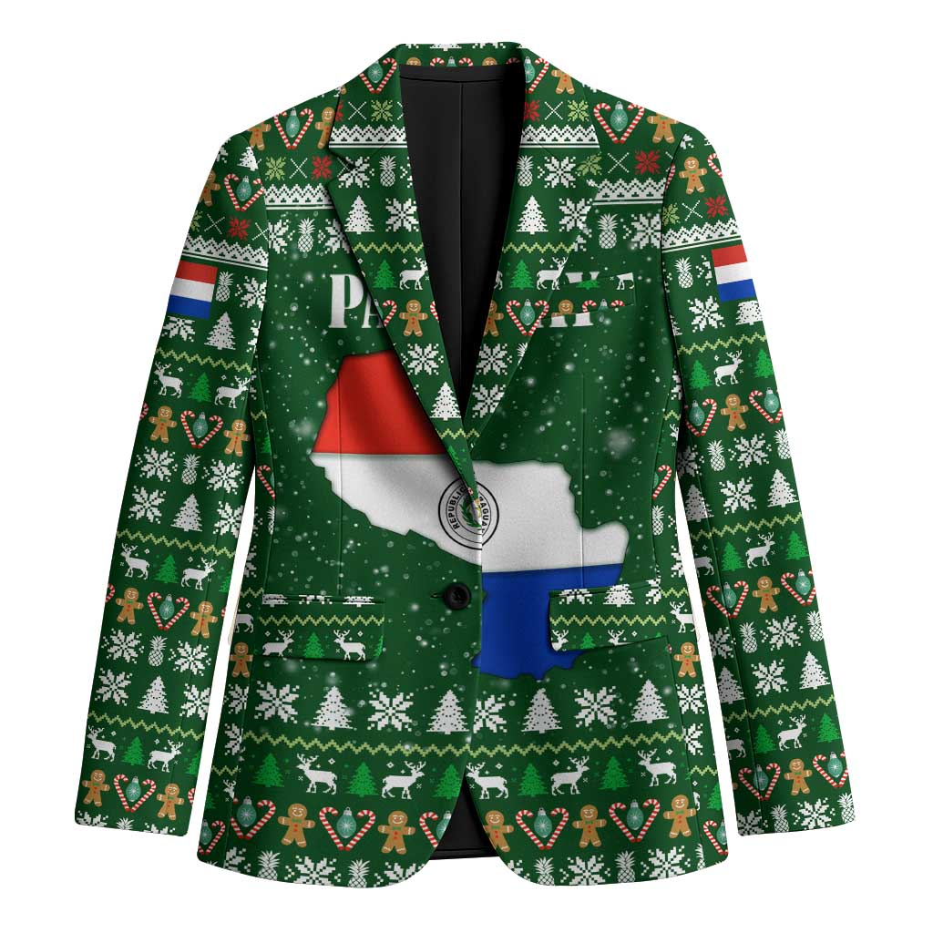 Paraguay Christmas Blazer with Green Festive Pattern, Map and Flag Motif, and Santa Illustration - Wonder Print Shop