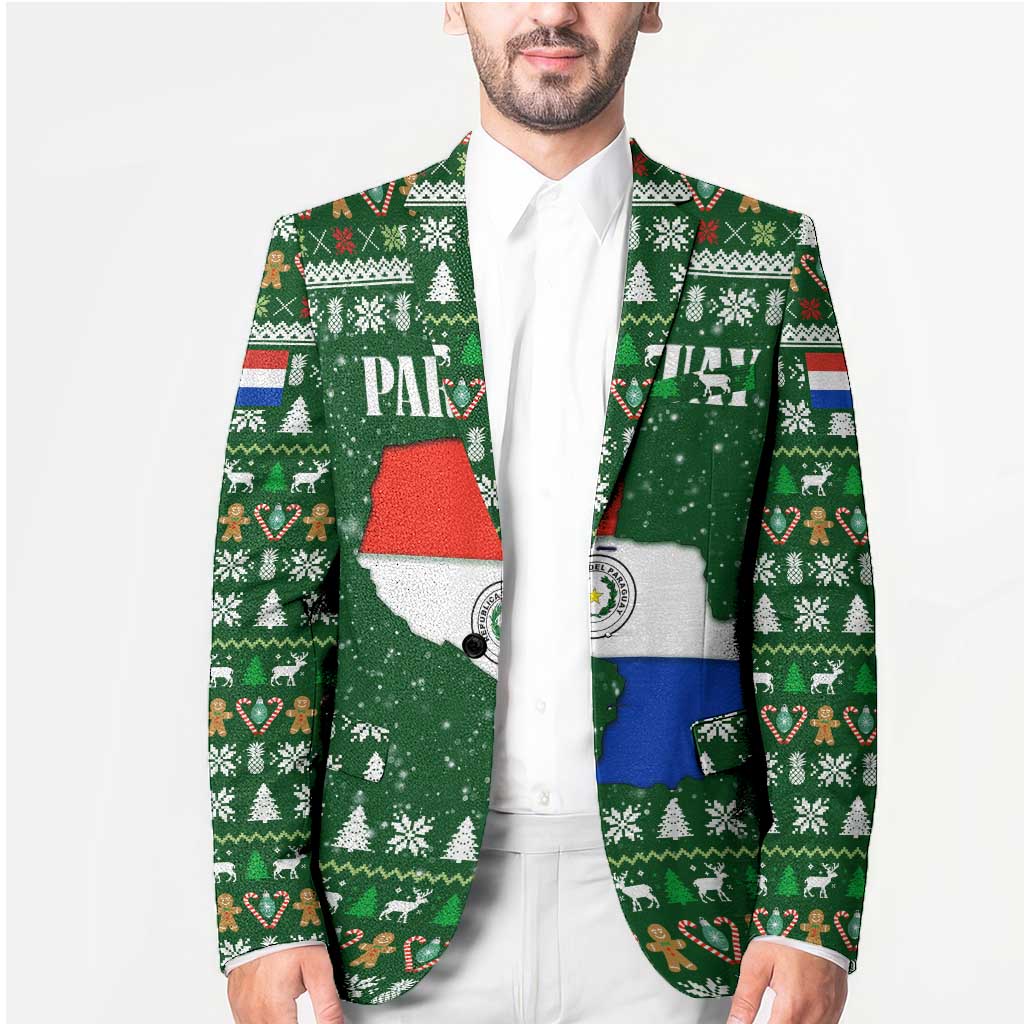 Paraguay Christmas Blazer with Green Festive Pattern, Map and Flag Motif, and Santa Illustration - Wonder Print Shop