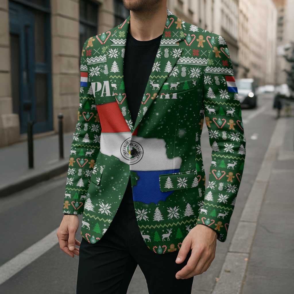 Paraguay Christmas Blazer with Green Festive Pattern, Map and Flag Motif, and Santa Illustration - Wonder Print Shop