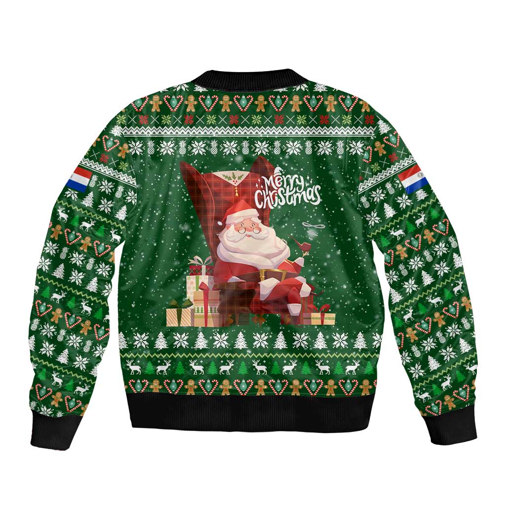 Paraguay Christmas Bomber Jacket with Green Festive Pattern, Map and Flag Motif, and Santa Illustration - Wonder Print Shop