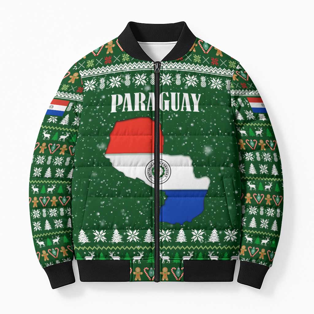 Paraguay Christmas Bomber Puffer Jacket with Green Festive Pattern, Map and Flag Motif, and Santa Illustration - Wonder Print Shop