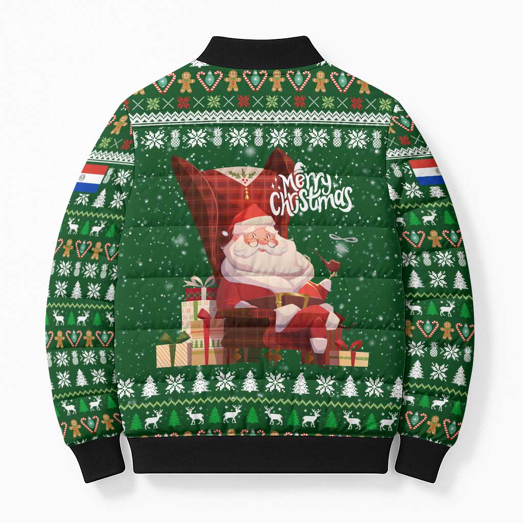 Paraguay Christmas Bomber Puffer Jacket with Green Festive Pattern, Map and Flag Motif, and Santa Illustration - Wonder Print Shop