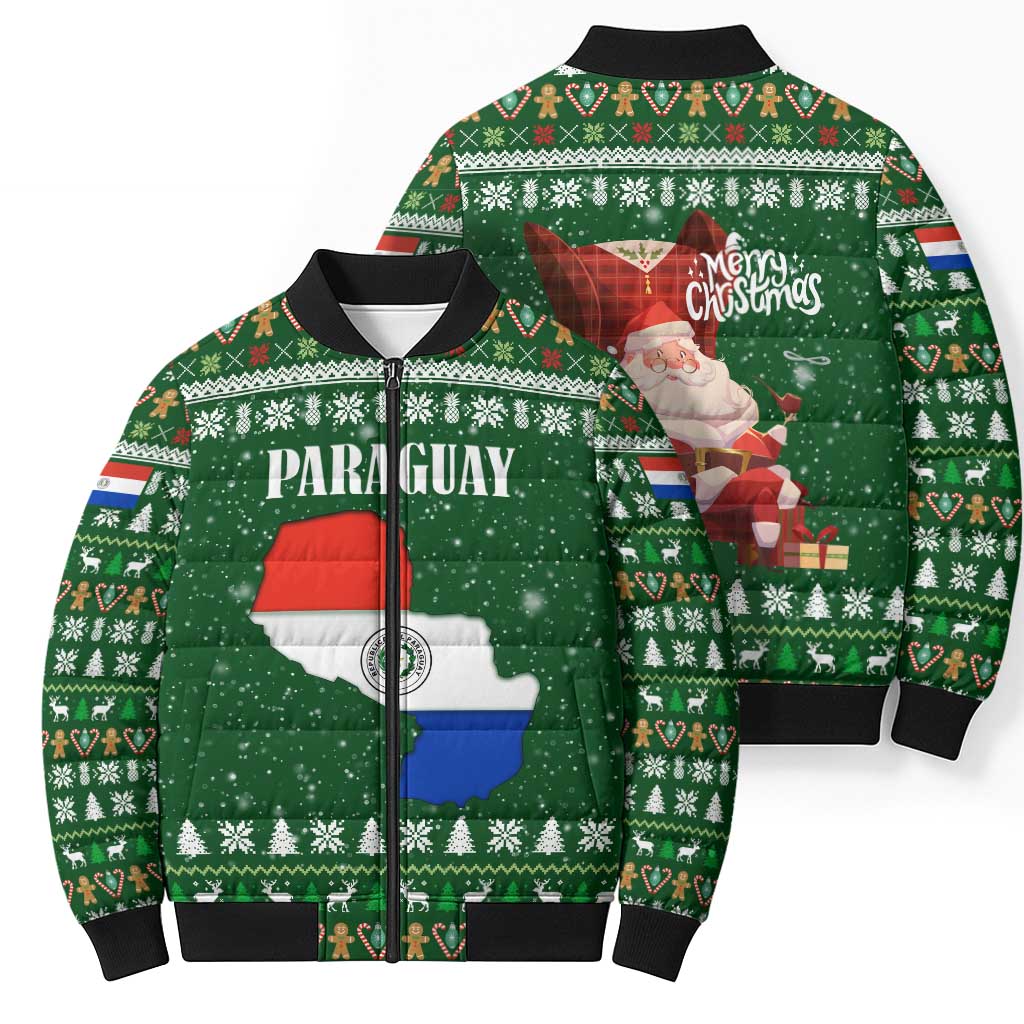 Paraguay Christmas Bomber Puffer Jacket with Green Festive Pattern, Map and Flag Motif, and Santa Illustration - Wonder Print Shop