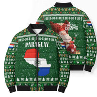 Paraguay Christmas Bomber Puffer Jacket with Green Festive Pattern, Map and Flag Motif, and Santa Illustration - Wonder Print Shop