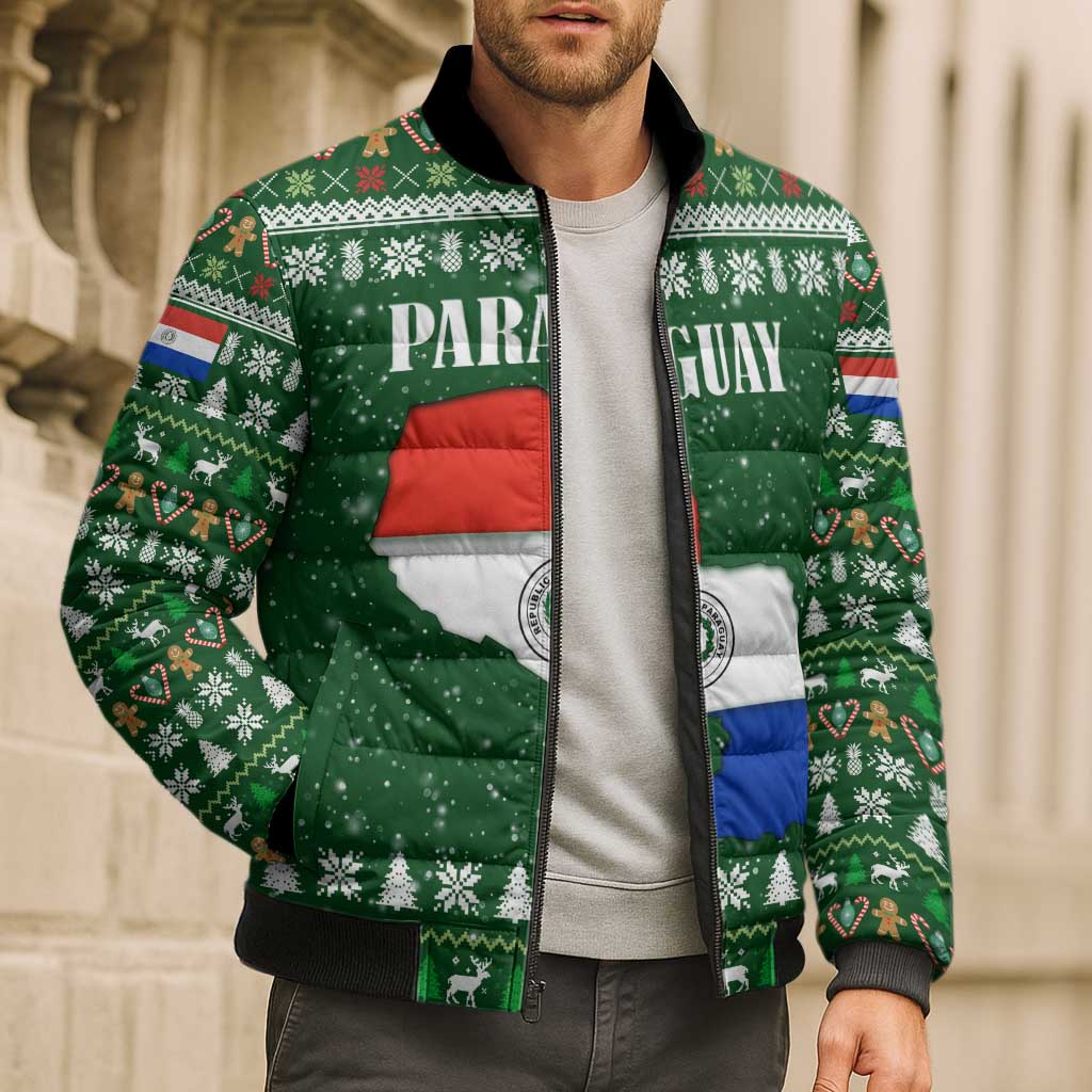 Paraguay Christmas Bomber Puffer Jacket with Green Festive Pattern, Map and Flag Motif, and Santa Illustration - Wonder Print Shop