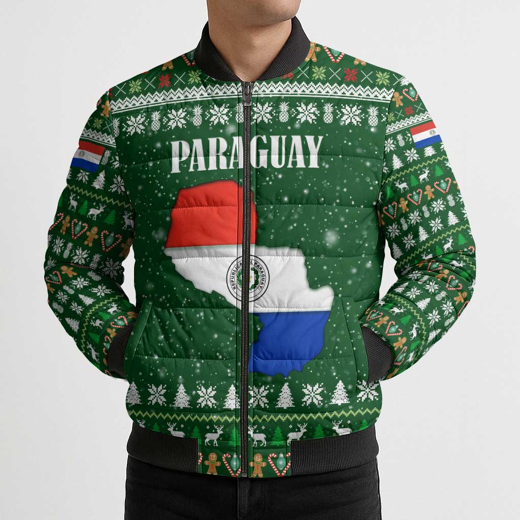 Paraguay Christmas Bomber Puffer Jacket with Green Festive Pattern, Map and Flag Motif, and Santa Illustration - Wonder Print Shop