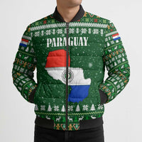 Paraguay Christmas Bomber Puffer Jacket with Green Festive Pattern, Map and Flag Motif, and Santa Illustration - Wonder Print Shop