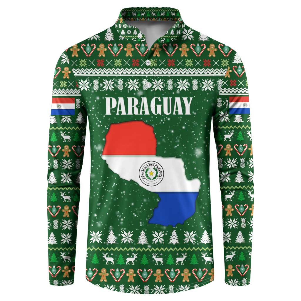 Paraguay Christmas Button Sweatshirt with Green Festive Pattern, Map and Flag Motif, and Santa Illustration - Wonder Print Shop