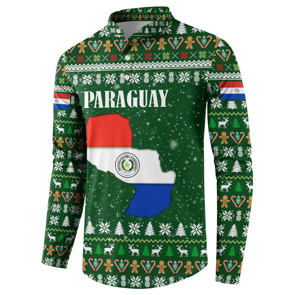 Paraguay Christmas Button Sweatshirt with Green Festive Pattern, Map and Flag Motif, and Santa Illustration - Wonder Print Shop