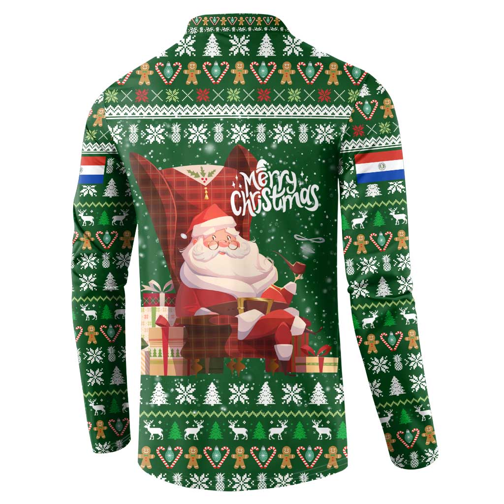 Paraguay Christmas Button Sweatshirt with Green Festive Pattern, Map and Flag Motif, and Santa Illustration - Wonder Print Shop