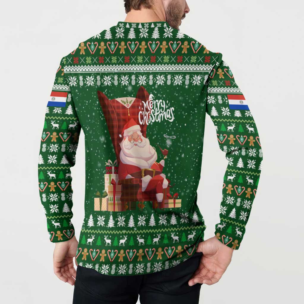 Paraguay Christmas Button Sweatshirt with Green Festive Pattern, Map and Flag Motif, and Santa Illustration - Wonder Print Shop