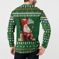 Paraguay Christmas Button Sweatshirt with Green Festive Pattern, Map and Flag Motif, and Santa Illustration - Wonder Print Shop