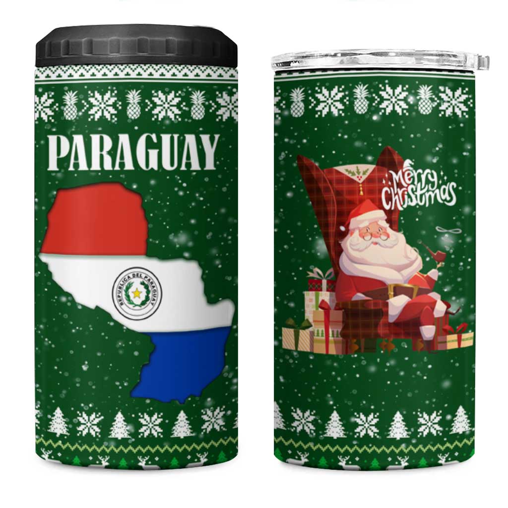 Paraguay Christmas 4 in 1 Can Cooler Tumbler with Green Festive Pattern, Map and Flag Motif, and Santa Illustration - Wonder Print Shop