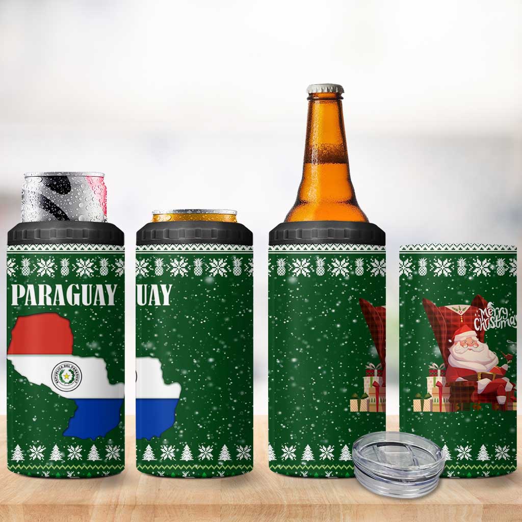 Paraguay Christmas 4 in 1 Can Cooler Tumbler with Green Festive Pattern, Map and Flag Motif, and Santa Illustration - Wonder Print Shop