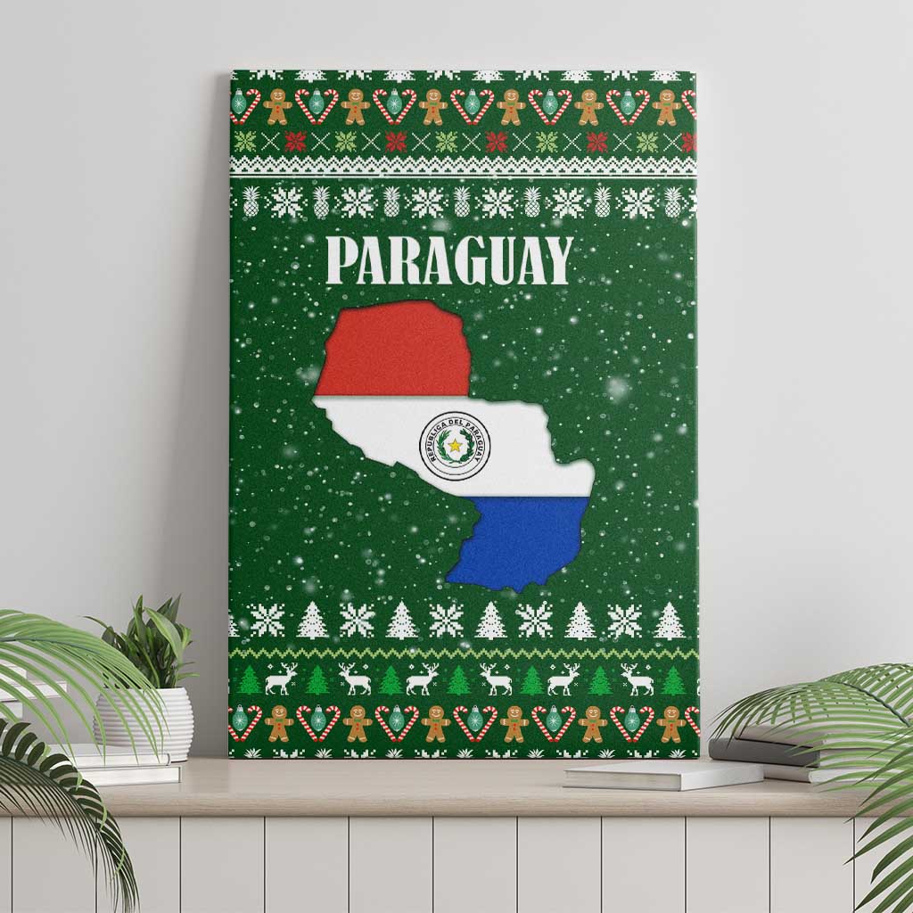 Paraguay Christmas Canvas Wall Art with Green Festive Pattern, Map and Flag Motif, and Santa Illustration - Wonder Print Shop