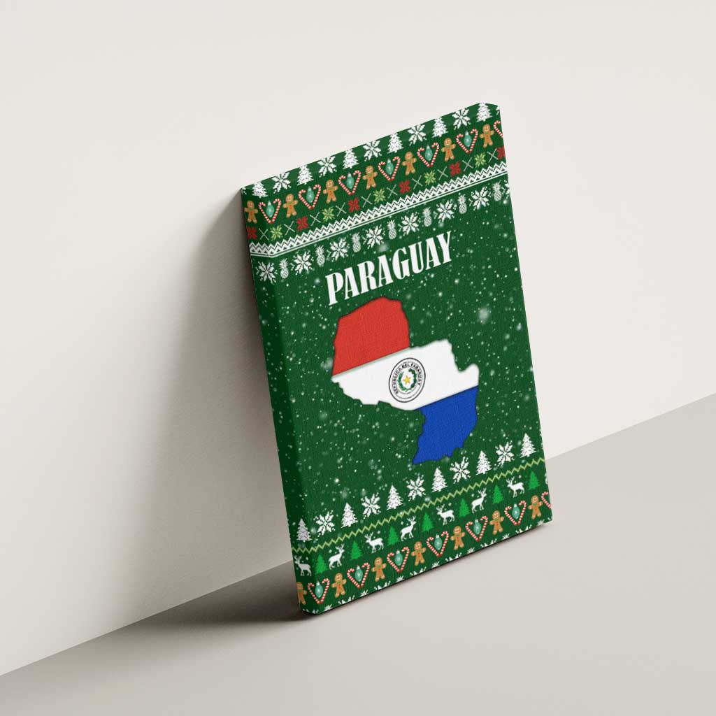Paraguay Christmas Canvas Wall Art with Green Festive Pattern, Map and Flag Motif, and Santa Illustration - Wonder Print Shop