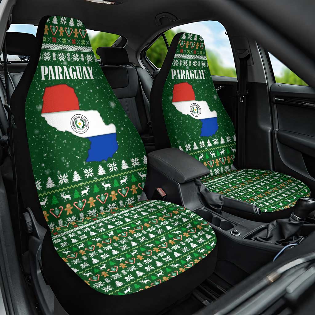 Paraguay Christmas Car Seat Cover with Green Festive Pattern, Map and Flag Motif, and Santa Illustration - Wonder Print Shop
