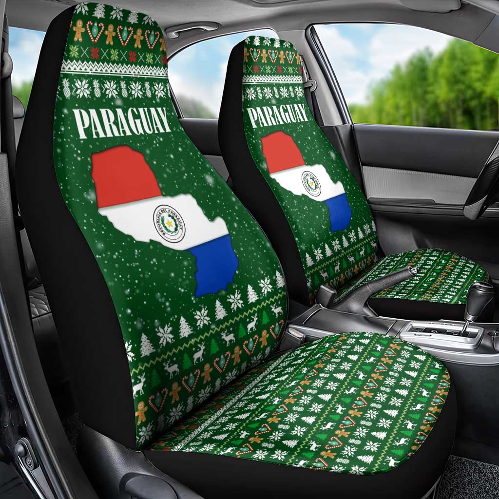Paraguay Christmas Car Seat Cover with Green Festive Pattern, Map and Flag Motif, and Santa Illustration - Wonder Print Shop