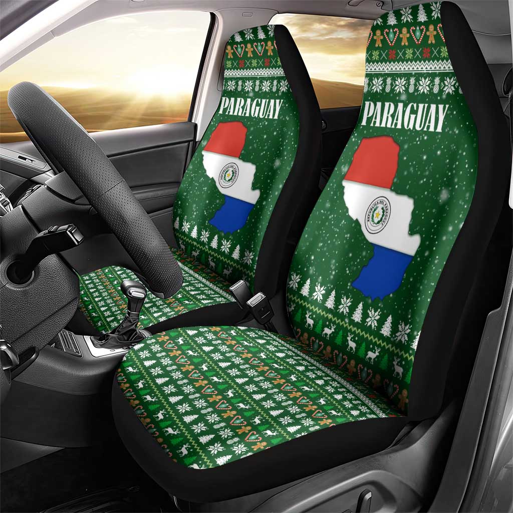 Paraguay Christmas Car Seat Cover with Green Festive Pattern, Map and Flag Motif, and Santa Illustration - Wonder Print Shop