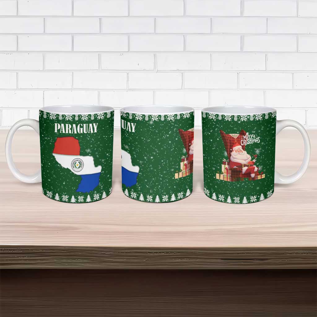 Paraguay Christmas Ceramic Mug with Green Festive Pattern, Map and Flag Motif, and Santa Illustration - Wonder Print Shop