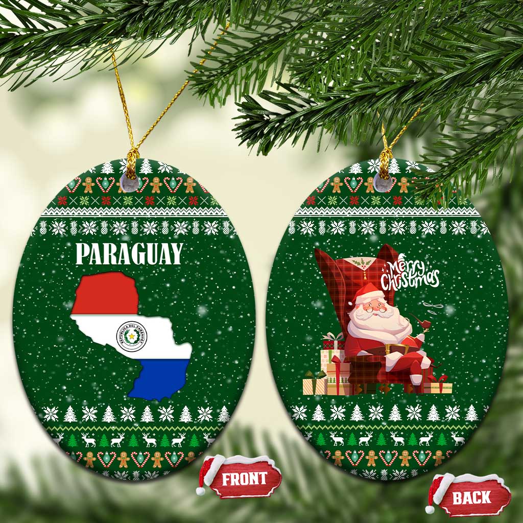 Paraguay Christmas Ceramic Ornament with Green Festive Pattern, Map and Flag Motif, and Santa Illustration - Wonder Print Shop