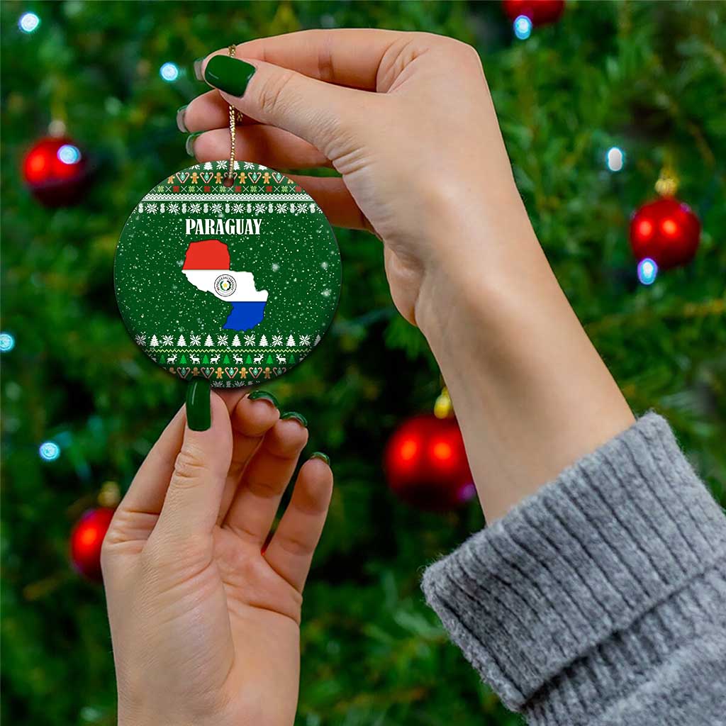Paraguay Christmas Ceramic Ornament with Green Festive Pattern, Map and Flag Motif, and Santa Illustration - Wonder Print Shop