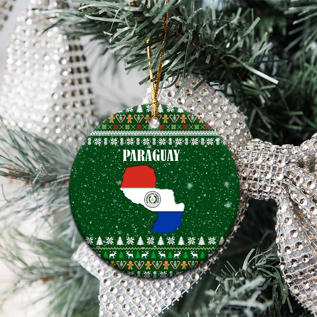 Paraguay Christmas Ceramic Ornament with Green Festive Pattern, Map and Flag Motif, and Santa Illustration - Wonder Print Shop