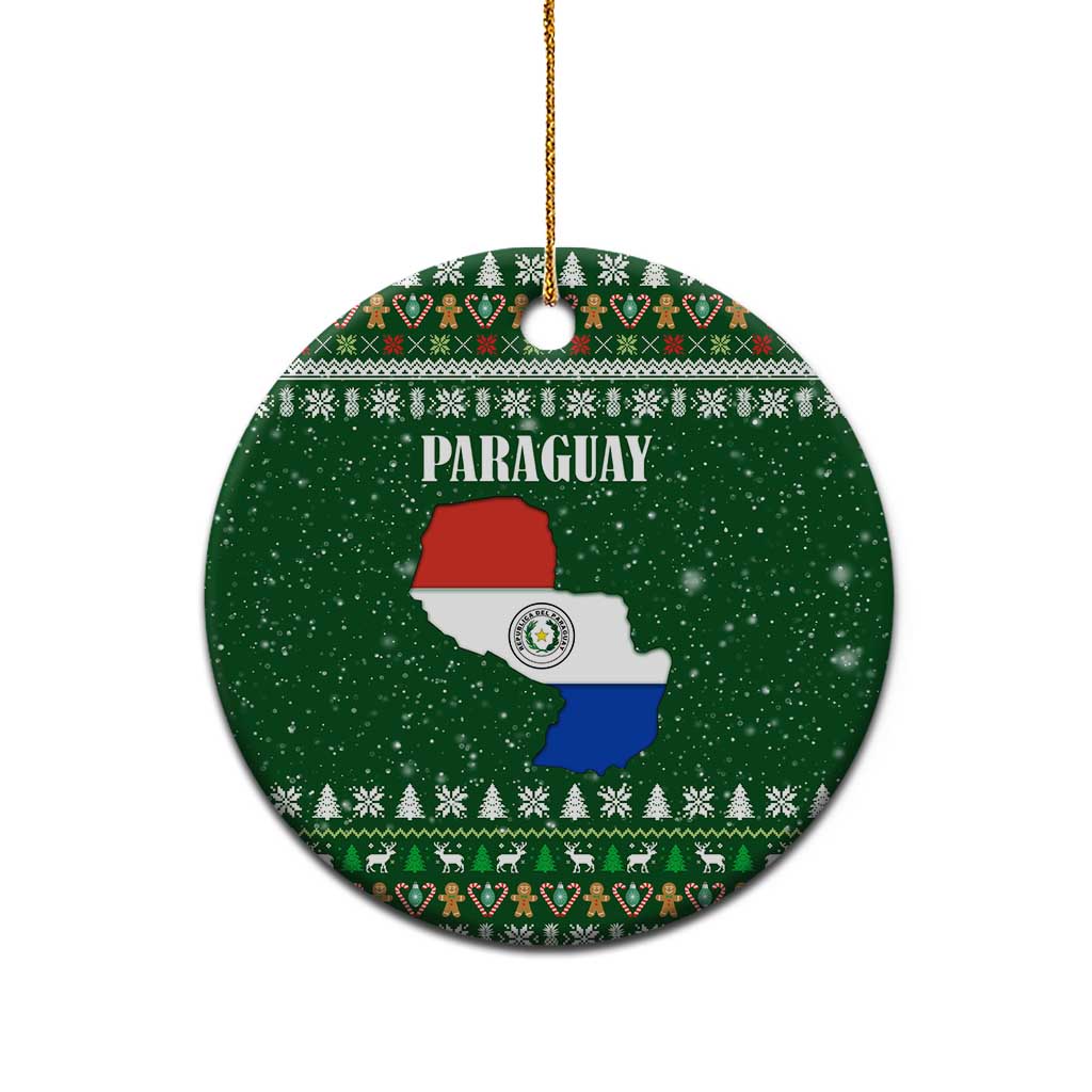 Paraguay Christmas Ceramic Ornament with Green Festive Pattern, Map and Flag Motif, and Santa Illustration - Wonder Print Shop