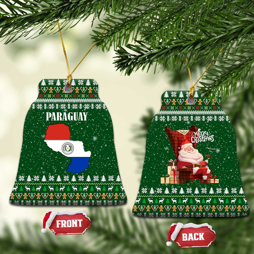 Paraguay Christmas Ceramic Ornament with Green Festive Pattern, Map and Flag Motif, and Santa Illustration - Wonder Print Shop