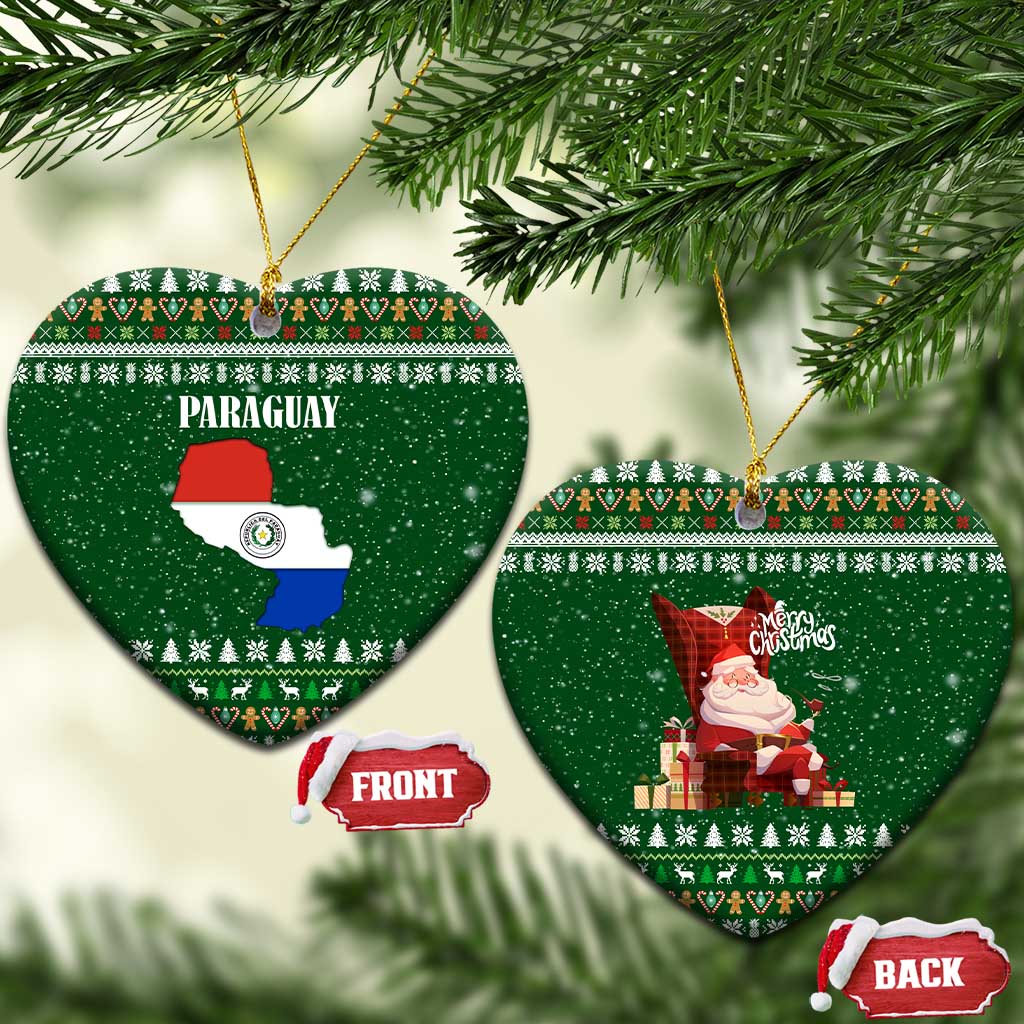 Paraguay Christmas Ceramic Ornament with Green Festive Pattern, Map and Flag Motif, and Santa Illustration - Wonder Print Shop