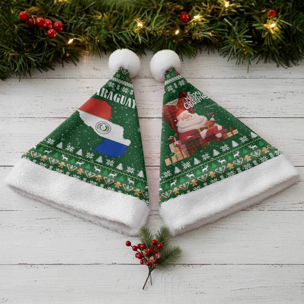Paraguay Christmas Santa Hat with Green Festive Pattern, Map and Flag Motif, and Santa Illustration - Wonder Print Shop