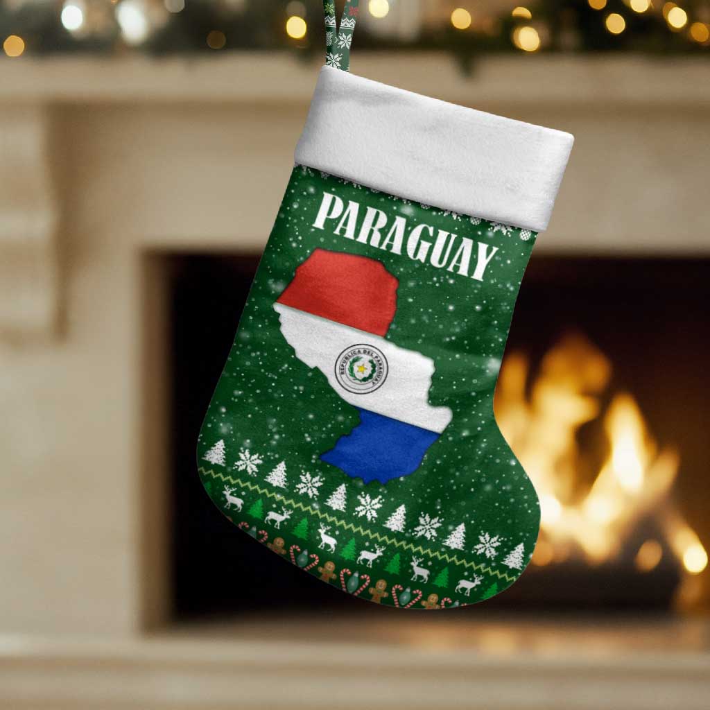 Paraguay Christmas Stocking with Green Festive Pattern, Map and Flag Motif, and Santa Illustration - Wonder Print Shop