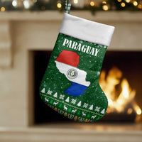 Paraguay Christmas Stocking with Green Festive Pattern, Map and Flag Motif, and Santa Illustration - Wonder Print Shop