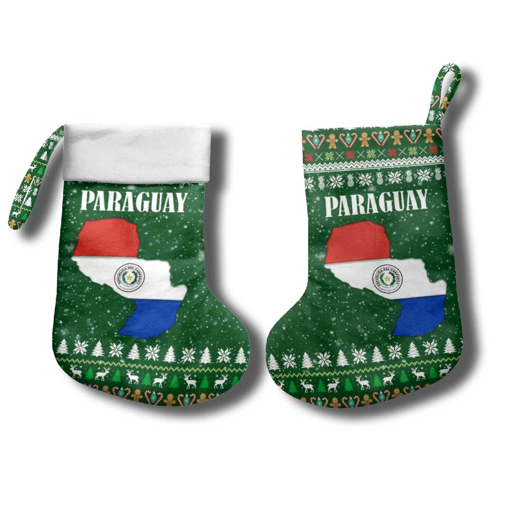 Paraguay Christmas Stocking with Green Festive Pattern, Map and Flag Motif, and Santa Illustration - Wonder Print Shop