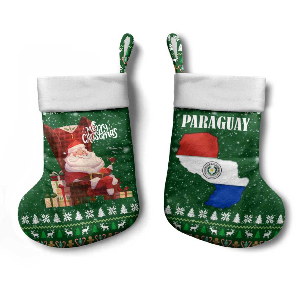Paraguay Christmas Stocking with Green Festive Pattern, Map and Flag Motif, and Santa Illustration - Wonder Print Shop
