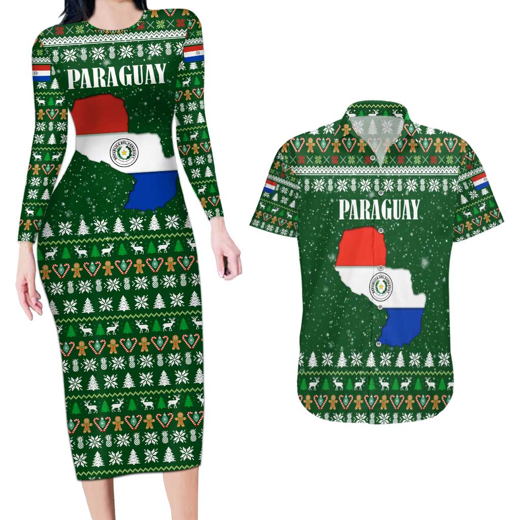 Paraguay Christmas Couples Matching Long Sleeve Bodycon Dress and Hawaiian Shirt with Green Festive Pattern, Map and Flag Motif, and Santa Illustration - Wonder Print Shop