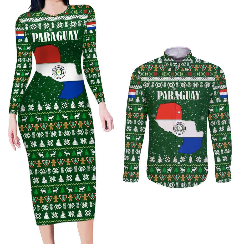 Paraguay Christmas Couples Matching Long Sleeve Bodycon Dress and Long Sleeve Button Shirt with Green Festive Pattern, Map and Flag Motif, and Santa Illustration - Wonder Print Shop
