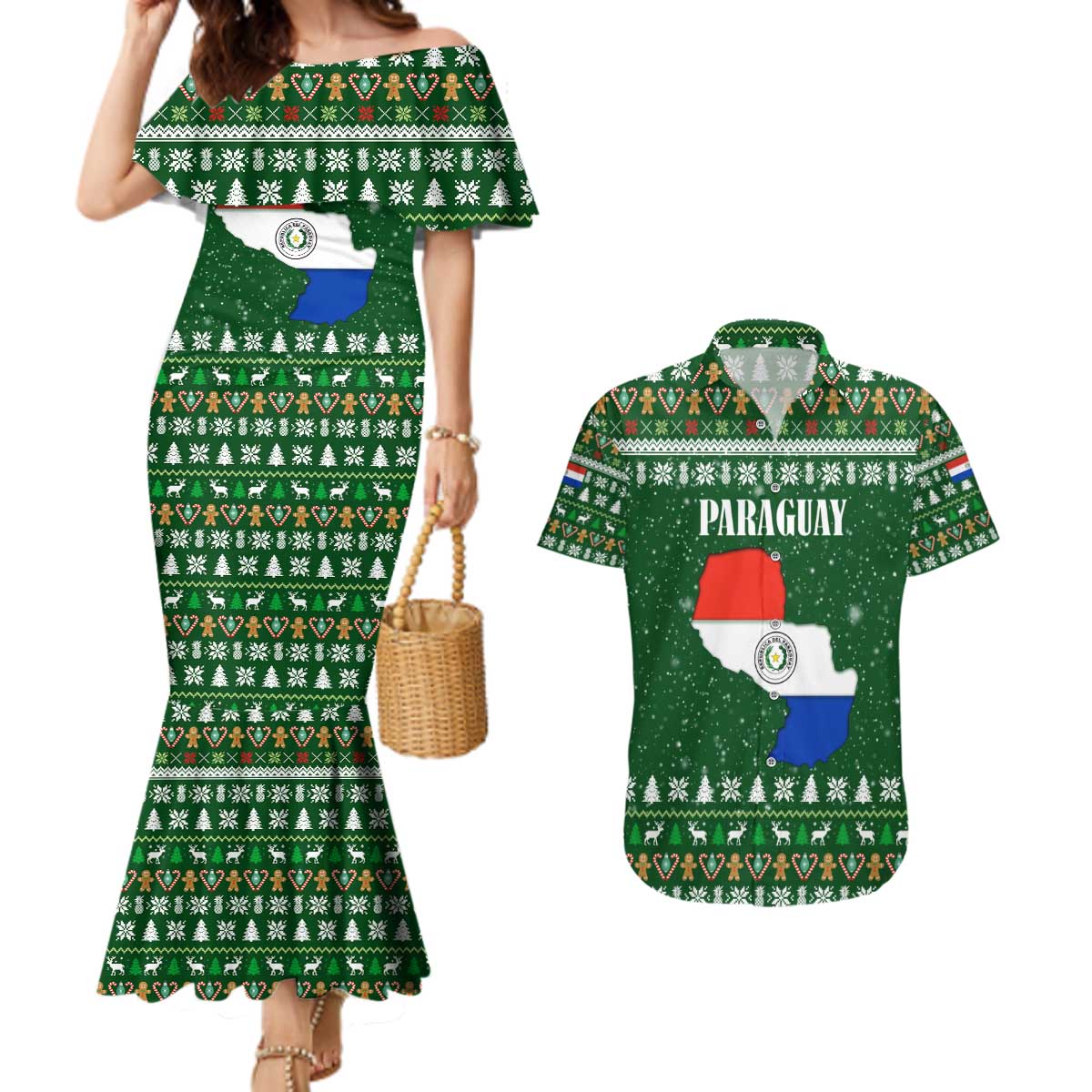 Paraguay Christmas Couples Matching Mermaid Dress and Hawaiian Shirt with Green Festive Pattern, Map and Flag Motif, and Santa Illustration - Wonder Print Shop