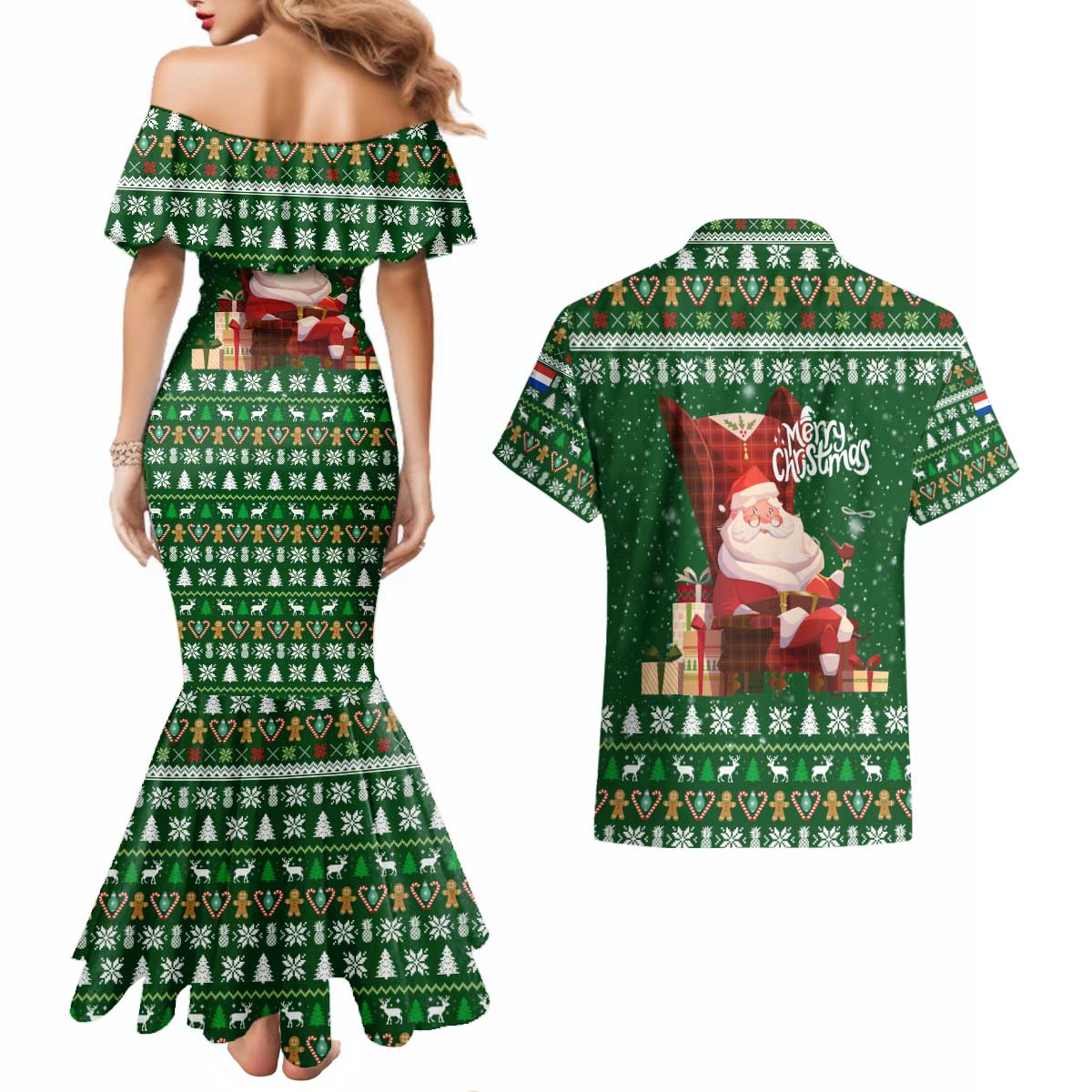 Paraguay Christmas Couples Matching Mermaid Dress and Hawaiian Shirt with Green Festive Pattern, Map and Flag Motif, and Santa Illustration - Wonder Print Shop