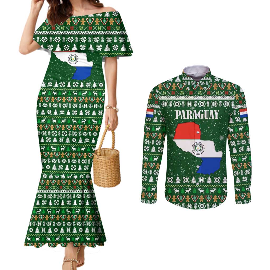 Paraguay Christmas Couples Matching Mermaid Dress and Long Sleeve Button Shirt with Green Festive Pattern, Map and Flag Motif, and Santa Illustration - Wonder Print Shop