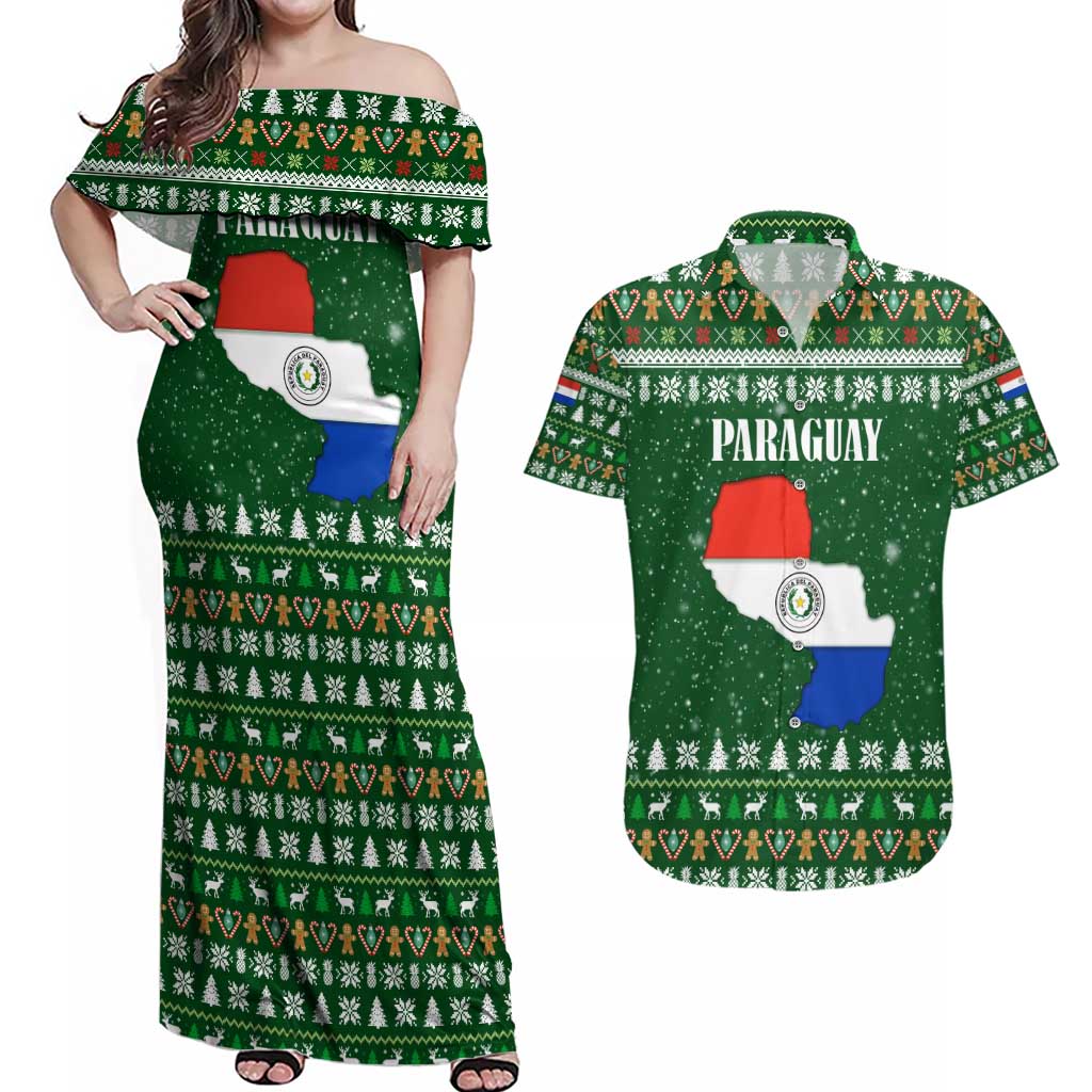 Paraguay Christmas Couples Matching Off Shoulder Maxi Dress and Hawaiian Shirt with Green Festive Pattern, Map and Flag Motif, and Santa Illustration - Wonder Print Shop