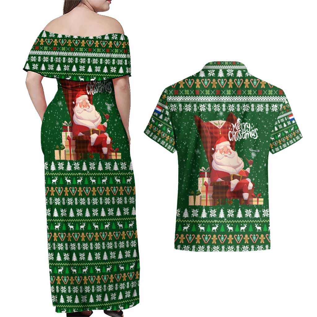 Paraguay Christmas Couples Matching Off Shoulder Maxi Dress and Hawaiian Shirt with Green Festive Pattern, Map and Flag Motif, and Santa Illustration - Wonder Print Shop