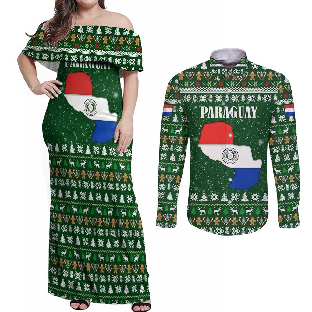 Paraguay Christmas Couples Matching Off Shoulder Maxi Dress and Long Sleeve Button Shirt with Green Festive Pattern, Map and Flag Motif, and Santa Illustration - Wonder Print Shop