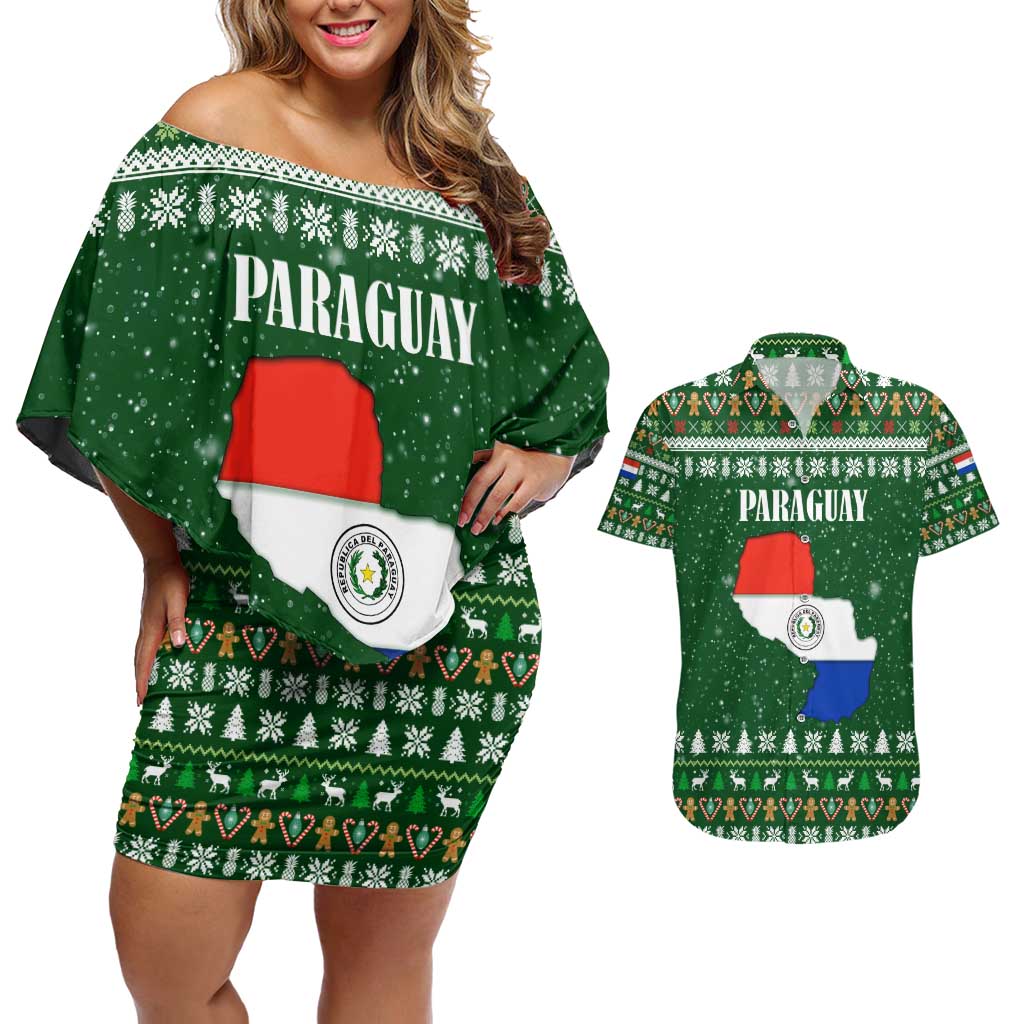 Paraguay Christmas Couples Matching Off Shoulder Short Dress and Hawaiian Shirt with Green Festive Pattern, Map and Flag Motif, and Santa Illustration - Wonder Print Shop