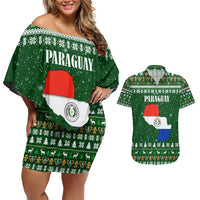 Paraguay Christmas Couples Matching Off Shoulder Short Dress and Hawaiian Shirt with Green Festive Pattern, Map and Flag Motif, and Santa Illustration - Wonder Print Shop