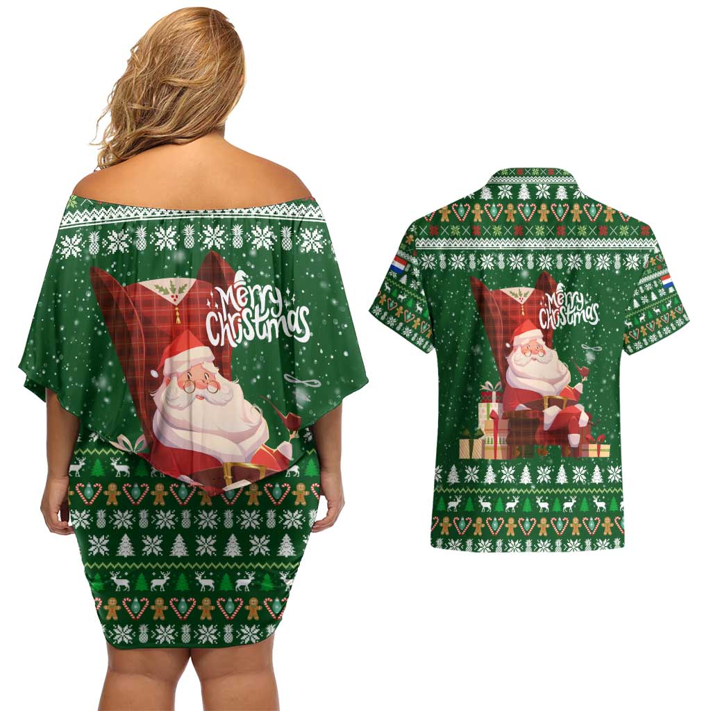Paraguay Christmas Couples Matching Off Shoulder Short Dress and Hawaiian Shirt with Green Festive Pattern, Map and Flag Motif, and Santa Illustration - Wonder Print Shop