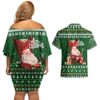 Paraguay Christmas Couples Matching Off Shoulder Short Dress and Hawaiian Shirt with Green Festive Pattern, Map and Flag Motif, and Santa Illustration - Wonder Print Shop